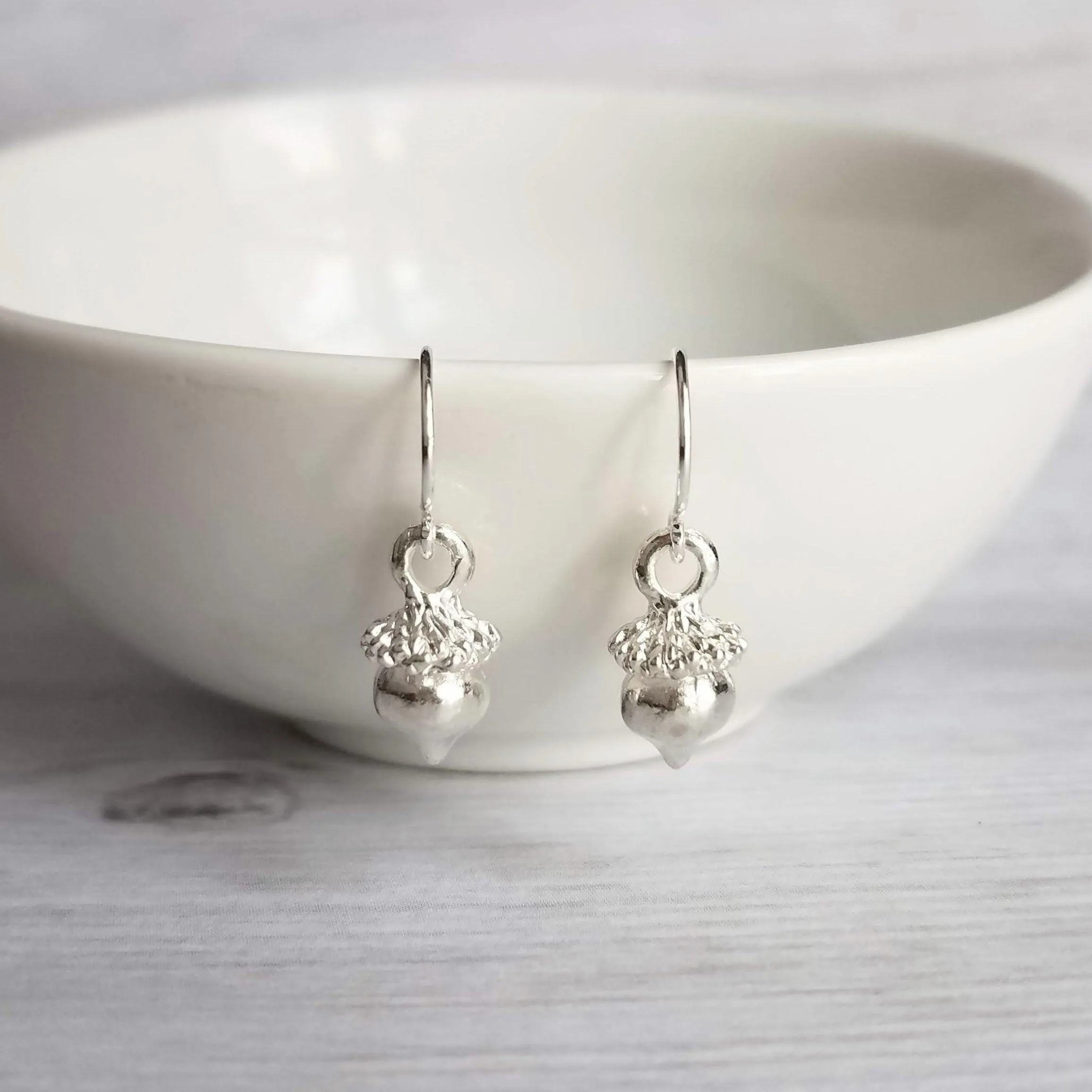 Acorn Earrings - small silver charms on simple little delicate ear hooks, fall earrings, autumn earrings, dainty fall earrings, petite